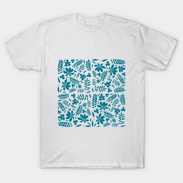 Blue various leaves pattern T-Shirt by Simplulina